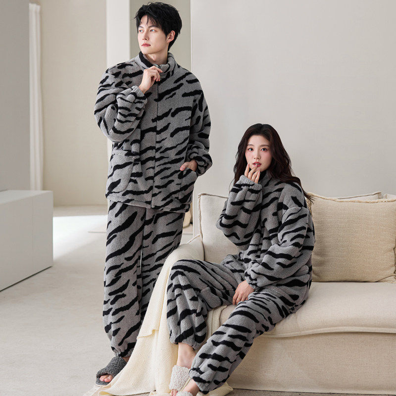 情侣睡衣女秋冬季双层复合加绒加厚珊瑚绒男法兰绒可外穿家居服