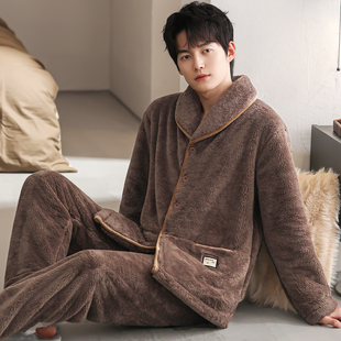 睡衣男秋冬加厚加绒法兰绒套装珊瑚绒家居服开衫休闲大码保暖冬装