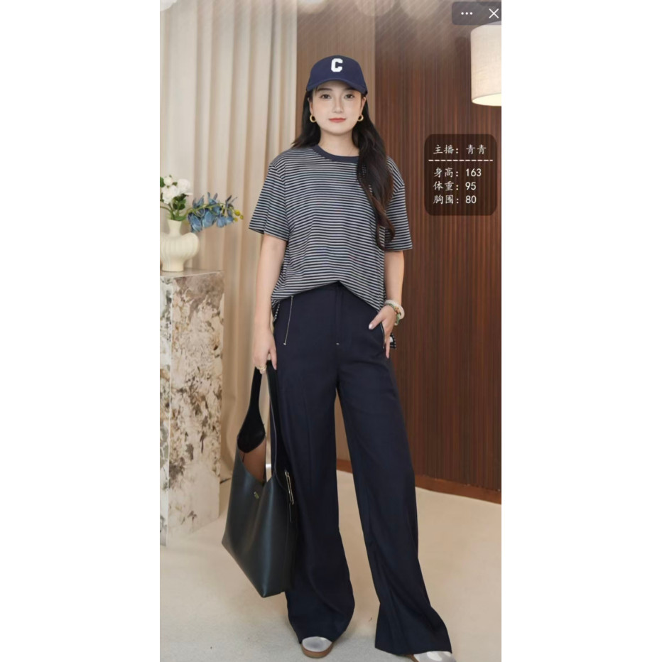 秋季新款圆领条纹短袖T恤女宽松显瘦百搭休闲上衣MXESS1695