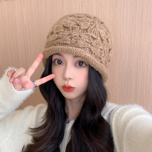 毛线帽子女士洋气秋冬季2023爆款保暖显脸小堆堆帽手工勾花针织帽