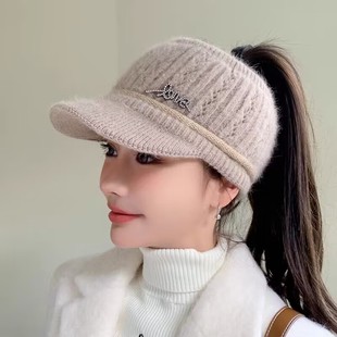 秋冬季保暖护耳针织鸭舌帽子新款女士韩版空顶加绒加厚百搭棒球帽