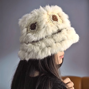 2024新款兔毛醒狮预防帽子女秋冬季毛绒保暖中国风显脸小针织盆帽