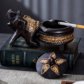 复古瑞象藤编烟灰缸创意艺术编织纹理带盖装 饰工艺品 饰摆件家居装