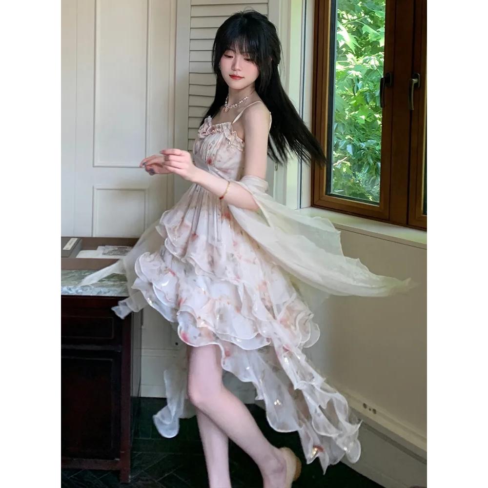 璃雾玫瑰 气质雪纺印花烫金设计感裙摆吊带裙+开衫套装2024夏新款