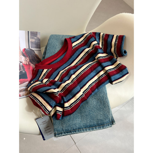 复古撞色条纹圆领短袖t恤女修身