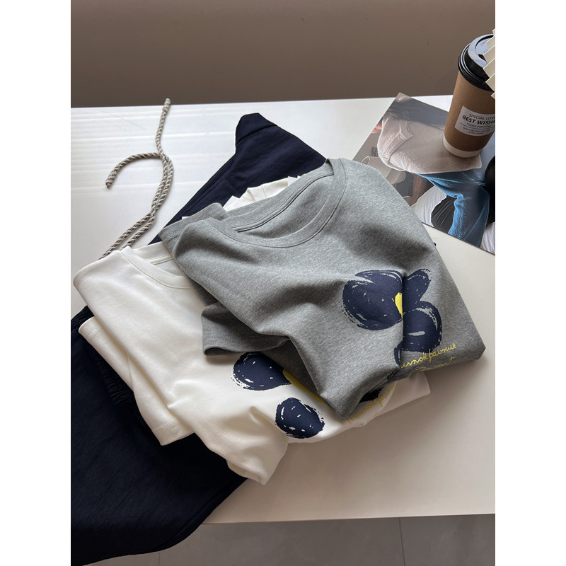 韩版复古文艺花朵印花减龄圆领短袖t恤女宽松打底衫上衣夏季学生