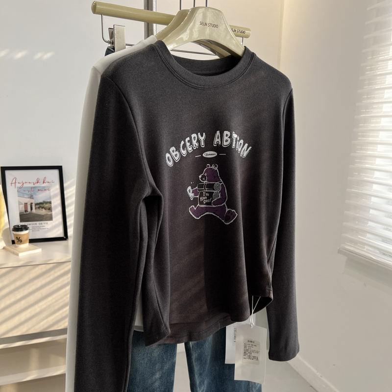 韩版复古卡通印花圆领德绒长袖T恤女加绒保暖短款内搭打底衫冬季