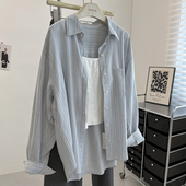 防晒衫 韩版 女宽松慵懒显瘦小清新减龄衬衫 衬衫 气质时髦细条纹长袖