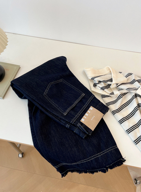 韩版深蓝色复古明线毛边高腰直筒牛仔裤女宽松慵懒小众秋季长裤潮