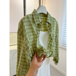 慵懒风防晒衫 清新芥绿色格子长袖 叠穿宽松舒适薄款 女 上衣夏 衬衫