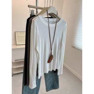 气质时髦内搭打底衫 T恤女修身 秋 简约纯色垂感莱赛尔圆领长袖 韩版