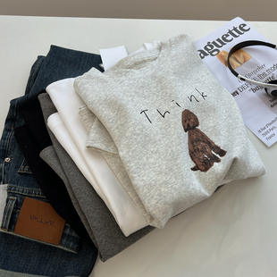 韩系可爱小狗印花圆领磨毛短袖t恤女~宽松舒适秋冬减龄内搭打底衫