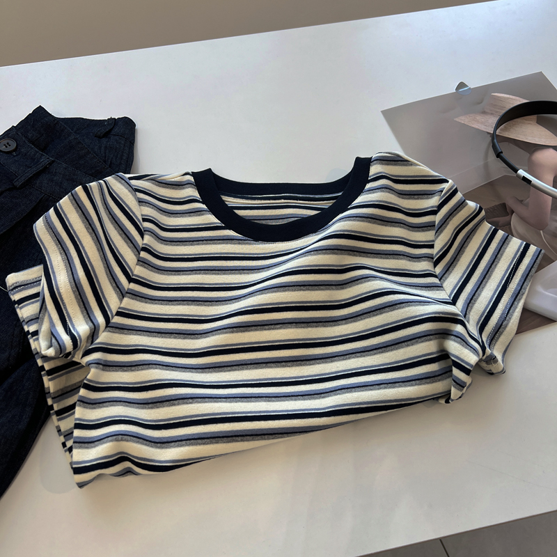 短袖韩版洋气条纹弹力棉女t恤夏