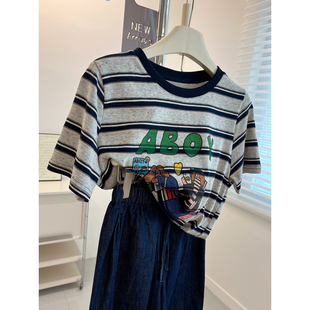 潮 t恤女宽松洋气学生减龄上衣夏季 韩版 复古卡通人物印花圆领短袖