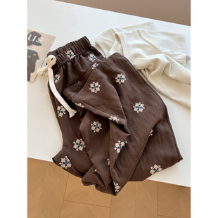 九分裤 韩版 2025新款 女宽松直筒裤 潮 复古棕咖色雪花刺绣高腰休闲裤