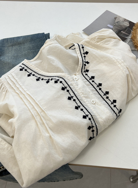韩版温柔复古撞色刺绣长袖衬衫女宽松显瘦慵懒2024秋季新款衬衣潮