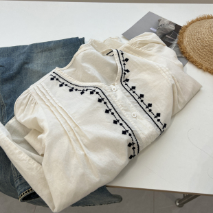 新款 韩版 女宽松显瘦慵懒2024秋季 衬衫 衬衣潮 温柔复古撞色刺绣长袖