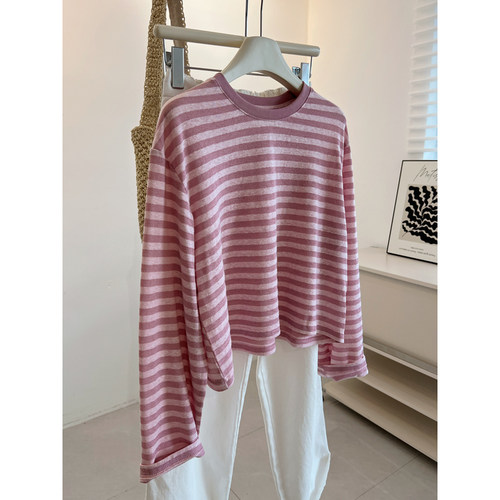 粉色条纹圆领长袖T恤女短款防晒