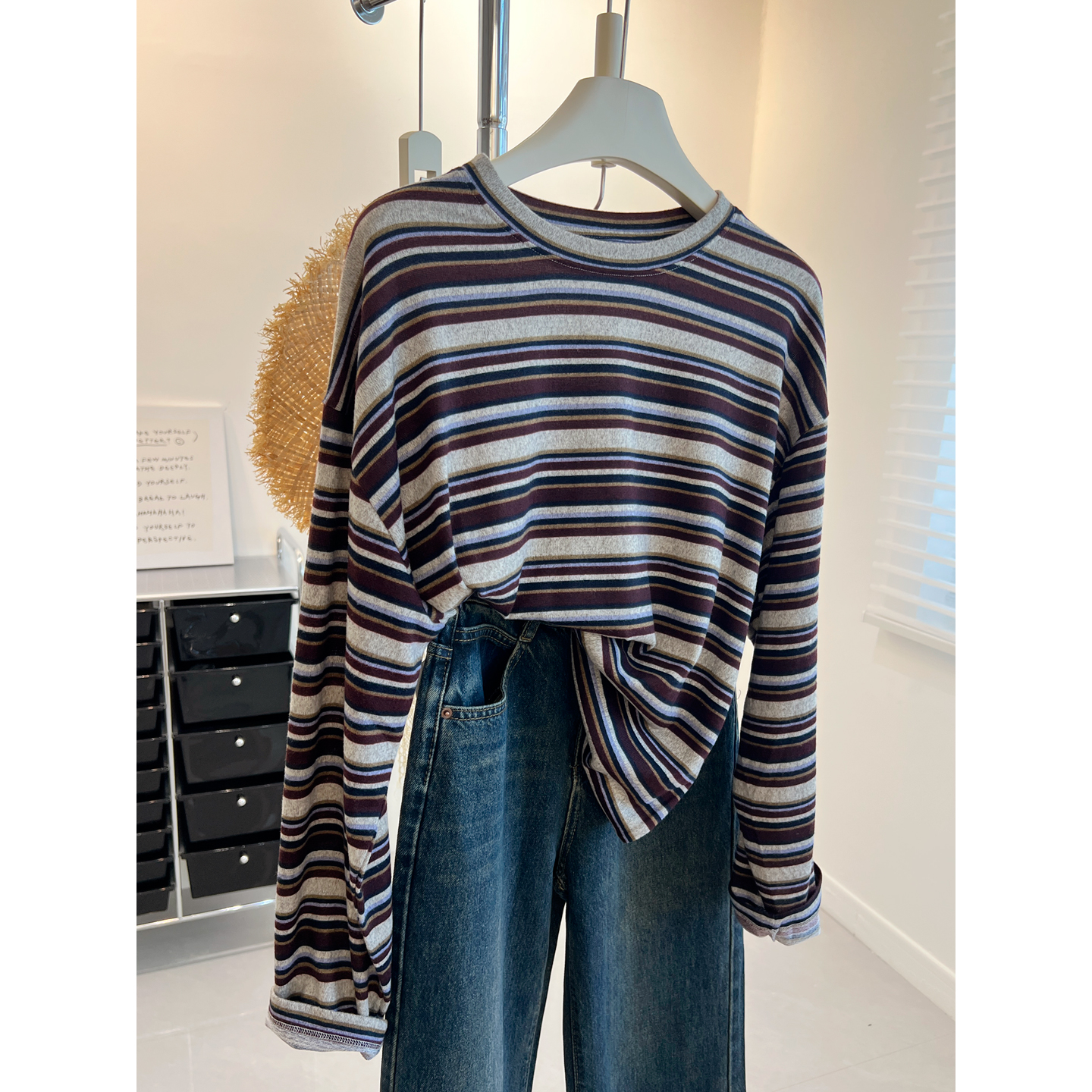 复古条纹撞色圆领长袖T恤女宽松