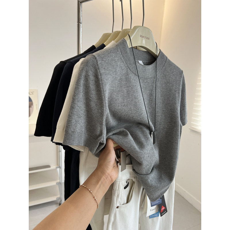 文艺圆领短袖针织衫女修身显瘦春