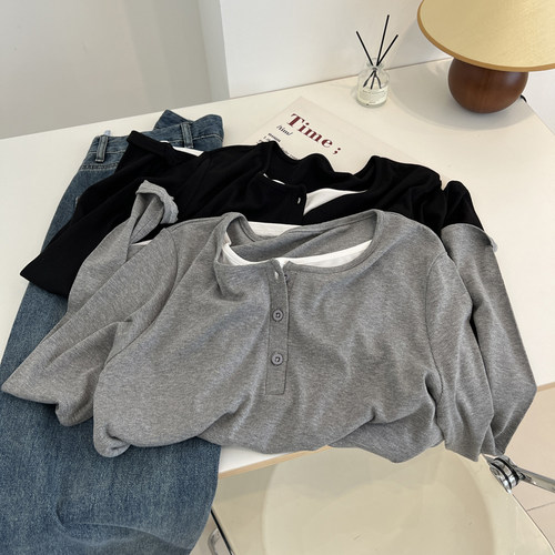 长袖韩版常规假两件螺纹女t恤