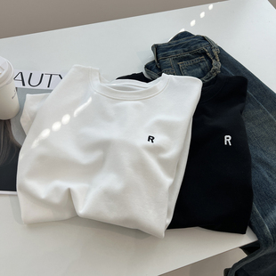 韩版简约字母刺绣圆领短袖T恤女宽松显瘦磨毛内搭打底衫2024春季