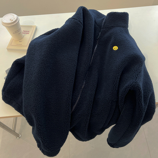 韩版复古开衫拉链立领羊羔绒外套女宽松慵懒笑脸刺绣上衣冬季新款
