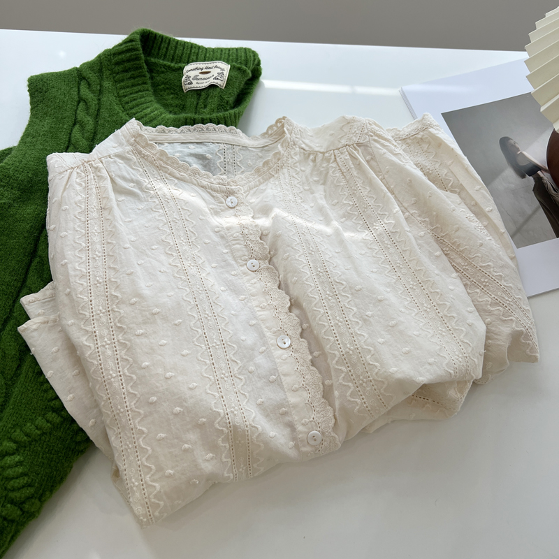 宽松法式复古排扣长袖棉蕾丝衬衫