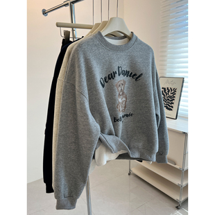 学生潮 新款 韩版 卡通字母圆领套头卫衣女宽松慵懒显瘦小众上衣秋季