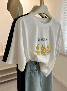 清新透气~韩系鸭梨印花刺绣圆领短袖t恤女宽松舒适百搭上衣夏季薄