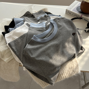 韩版假两件领口撞色拼接圆领长袖T恤女修身显瘦内搭打底衫秋冬季