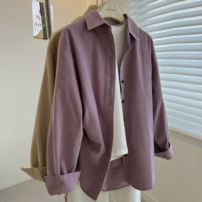 宽松韩版复古排扣长袖灯芯绒衬衫