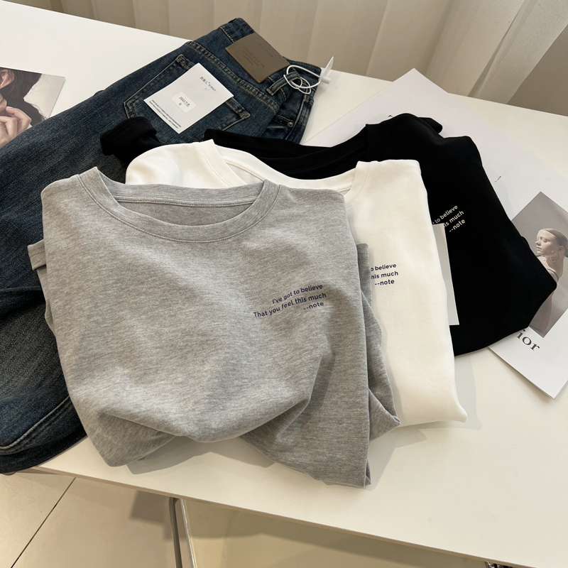 长袖韩版简约字母印花棉质女t恤