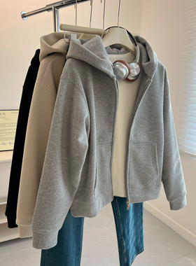 韩版中性bf风开衫连帽卫衣女加绒加厚宽松慵懒帽衫外套秋冬新款潮