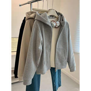 外套秋冬新款 连帽卫衣女加绒加厚宽松慵懒帽衫 潮 中性bf风开衫 韩版