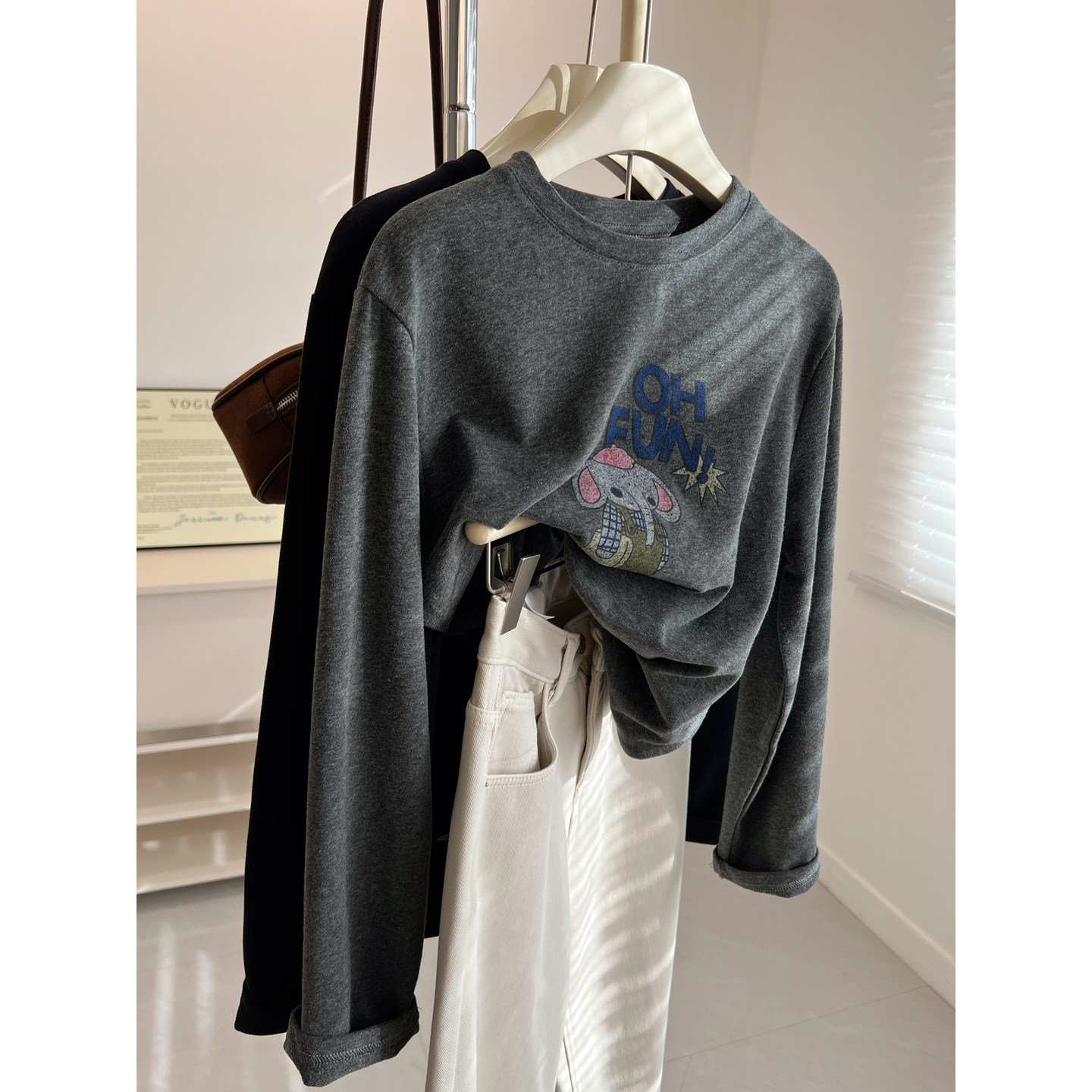 韩版复古做旧卡通小象印花圆领长袖T恤女宽松内搭打底衫新款减龄,女装/女士精品,T恤,淘宝优惠券,粉丝福利购,淘宝优惠卷