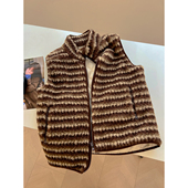 百搭复古毛绒条纹立领开衫 拉链马甲女宽松慵懒叠穿文艺减龄外套冬