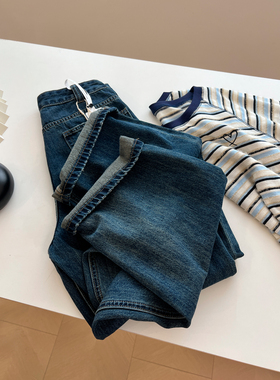 韩风chic时髦水洗高腰直筒牛仔裤女宽松2025新款秋季学生减龄长裤
