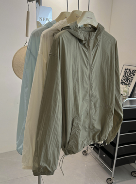 韩版复古军绿色连帽拉链开衫防晒衫女宽松薄款2024春夏季新款学生