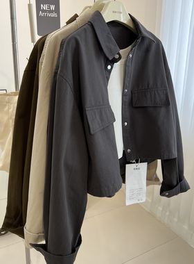 韩版bf中性风翻领工装外套女宽松短款百搭夹克上衣2024春季新款潮