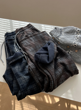 韩版复古纹格毛呢裤女加厚加绒宽松慵懒chic百搭阔腿裤冬季新款潮