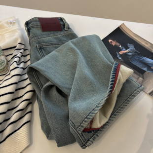 韩版复古水洗巨暖水貂绒高腰牛仔裤女宽松显瘦加绒加厚直筒长裤冬