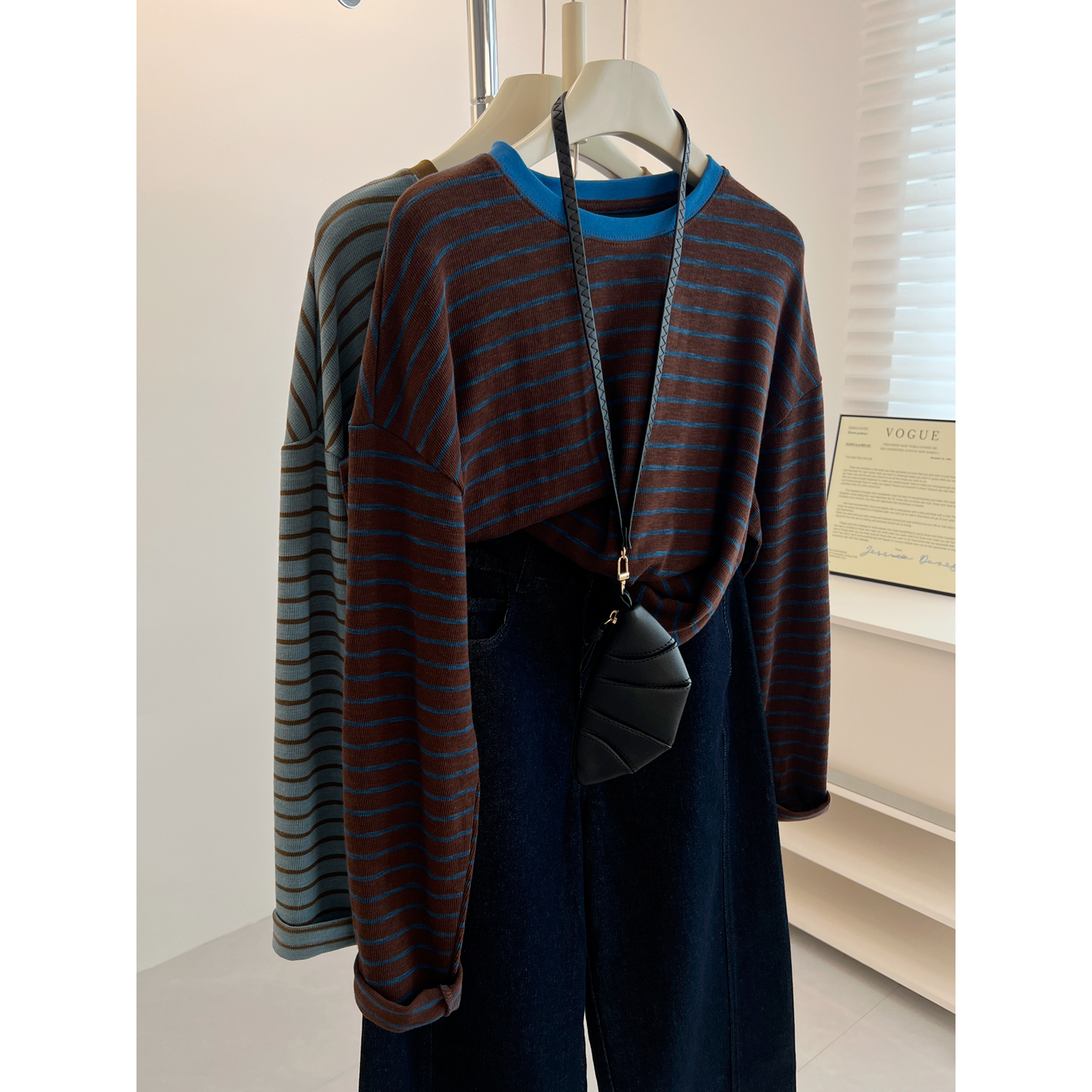 复古撞色条纹圆领长袖T恤女宽松