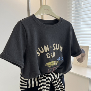 韩版复古卡通汽车字母印花圆领短袖t恤女宽松厚实内搭打底衫冬季