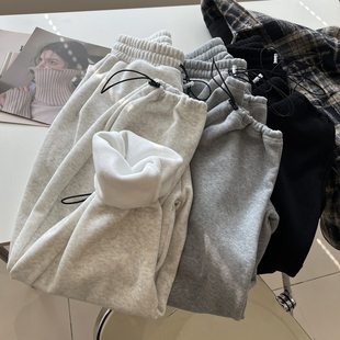 韩版加厚灰色高腰直筒运动裤女加绒束脚哈伦卫裤学生宽松冬季新款