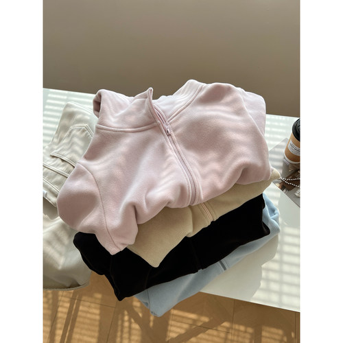 复古双面绒开衫连帽卫衣女减龄冬