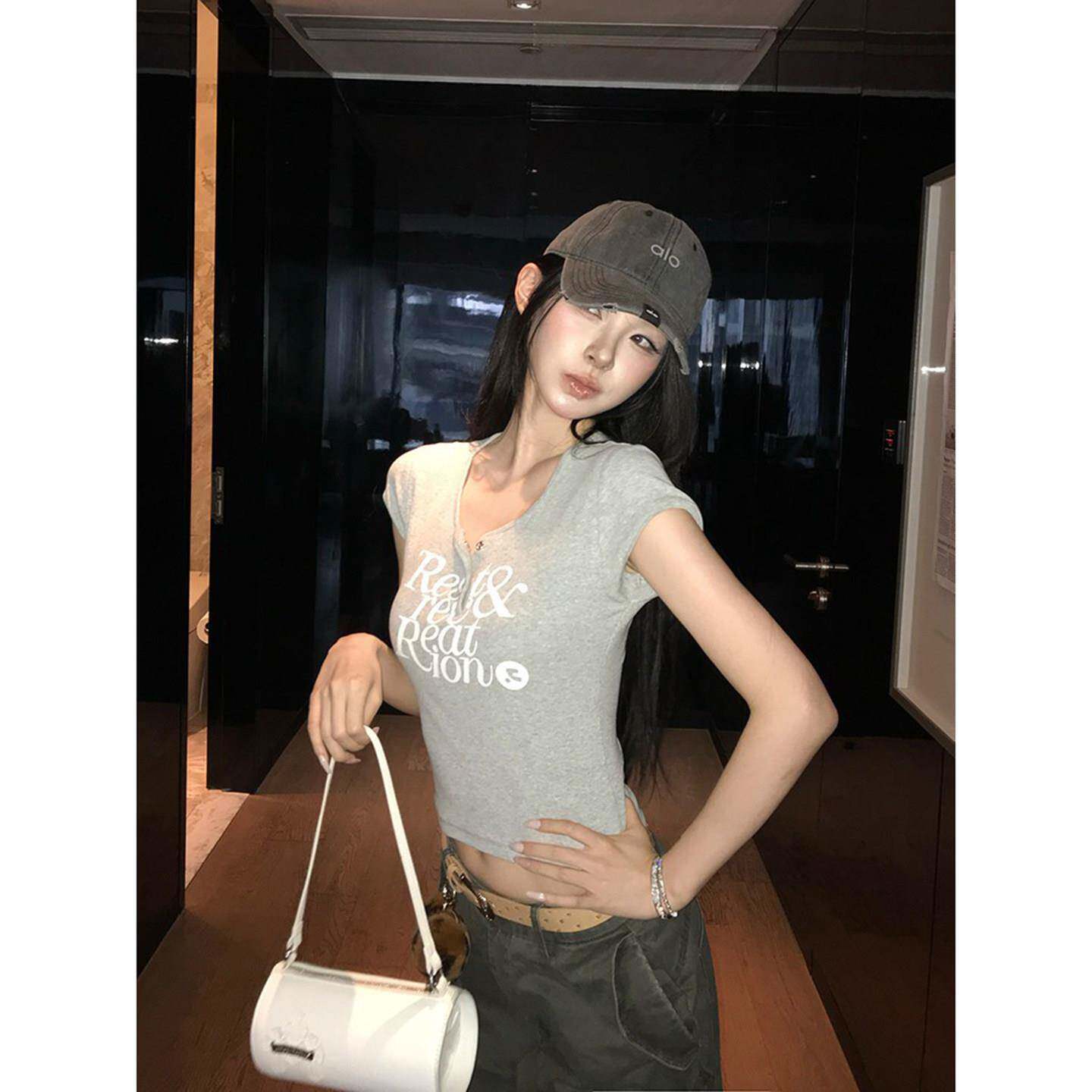 iTookgiii丨灰色正肩短袖t恤女夏修身紧身短款小飞袖辣妹露脐上衣