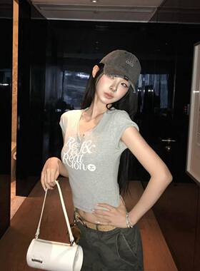 iTookgiii丨灰色正肩短袖t恤女夏修身紧身短款小飞袖辣妹露脐上衣