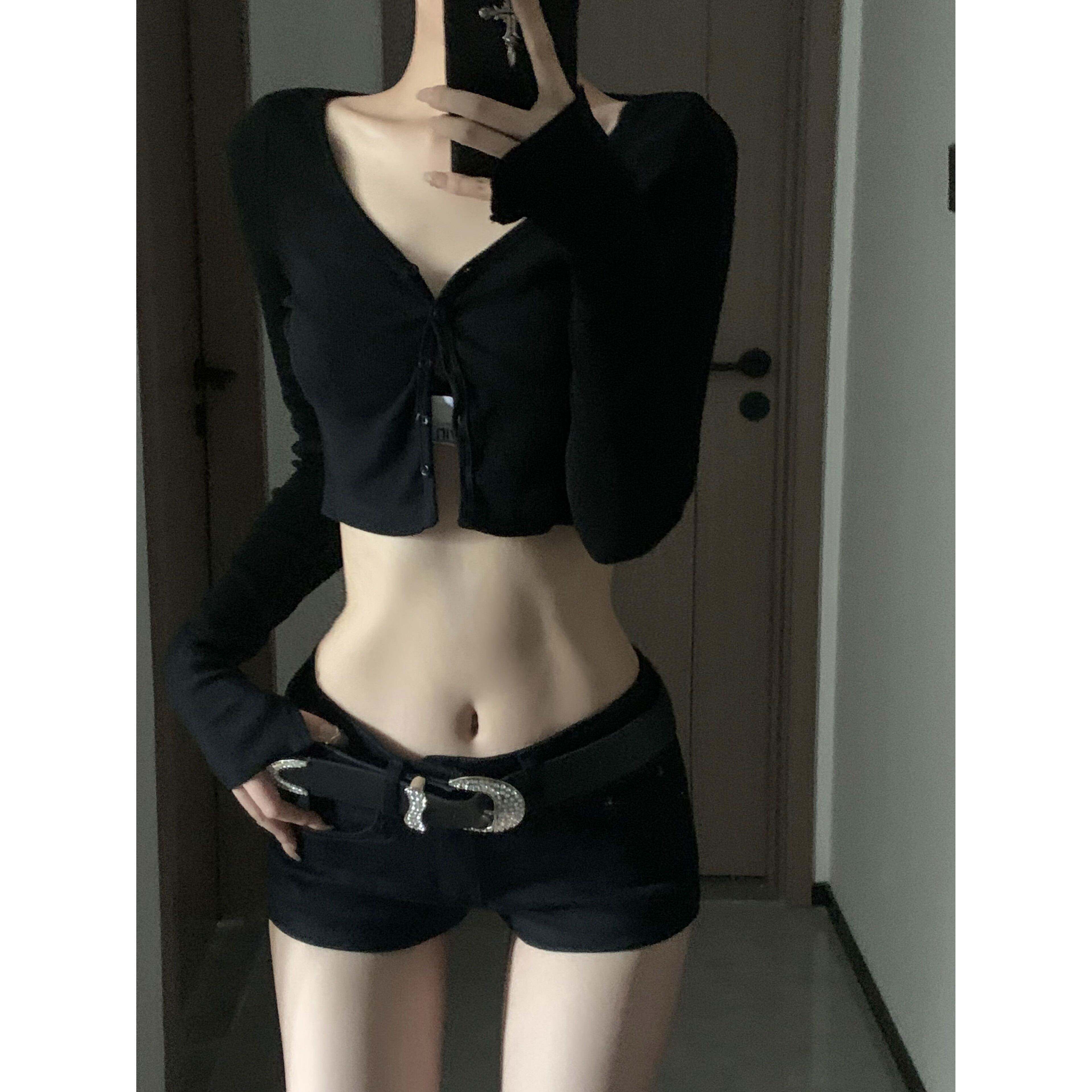 021ope小野猫 美式辣妹低腰裤牛仔短裤修身显瘦显高包臀热裤性感