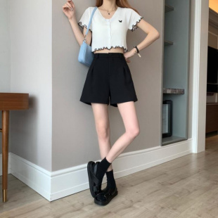 女2024夏季 高腰外穿百搭A字休闲热裤 新款 胖mm阔脚裤 大码 黑色短裤